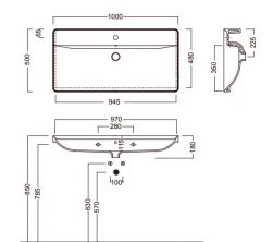 rysunek techniczny Canalgrande umywalka ścienna prostokątna 50x100 cm biała 00Y1EL01