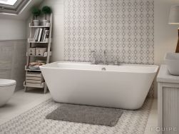 Łazienka z białą wanną prostokątną, dywanikiem, białą toaletą, szafką z umywalką nablatową i płytkami z kolekcji Caprice
