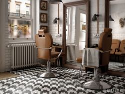 Salon fryzjerski z dwoma brązowymi fotelami, dużymi lustrami, kaloryferem pod oknem, małymi obrazkami, ciemnymi lampami i płytkami z kolekcji Caprice