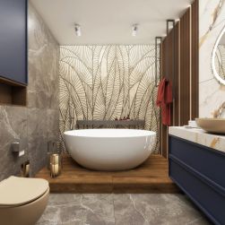 Elegancka łazienka z białą wanną owalną wolnostojącą na drewnianym podwyższeniu z długą półeczką z kosmetykami, beżową miską WC i granatową szafką z umywalką nablatową