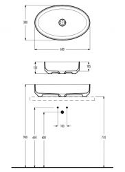 rysunek techniczny Livia umywalka nablatowa owalna 38x60 cm biała 01619001