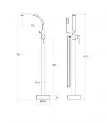 rysunek techniczny Decco II bateria wannowo-prysznicowa wolnostojąca złota BW-DII-ZL