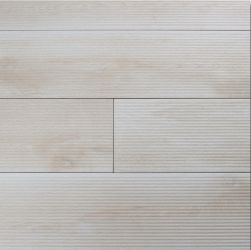 Podłoga ułożona z białych płytek imitujących drewno At.Boreal Deck Blanco 23x120