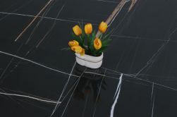 Zbliżenie na powierzchnię wykończoną w połysku z odbijającym się w niej kwiatem Titanium Black Pulido 80x80