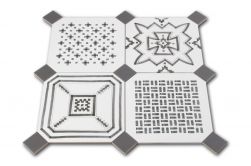 Kompozycja czterech czarno-białych płytek patchworkowych Octogono Variette Sombra 20x20