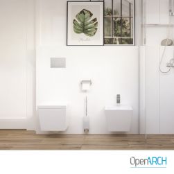 Minimalistyczna łazienka z białym bidetem wiszącym prostokątnym Inglo, miską WC wiszącą, kabiną prysznicową, podłogą drewnopodobną i obrazem na ścianie