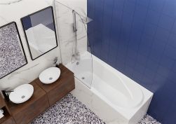 Łazienka z płytkami lastryko i niebieskimi kafelkami, zabudowaną wanną Bonta, wiszącą szafką drewnianą z dwiema umywalkami i dwoma lustrami