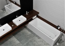 Nowoczesna łazienka w szarości z zabudowaną wanną Elega Slim, długą półką wiszącą z dwiema umywalkami nablatowymi oraz dużym lustrem