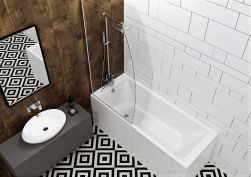 Biało-czarna łazienka z ciemnymi płytkami drewnopodobnymi, białą wanną zabudowaną Elega, szarą szafką z umywalką nablatową i lustrem