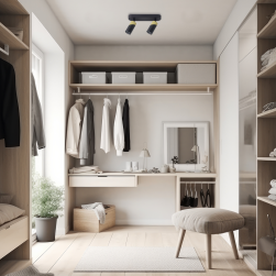 Garderoba z toaletką, pufą oraz zabudowanymi szafami, z  Miraglo Neo Black Gold Spot 2xGU10 na suficie