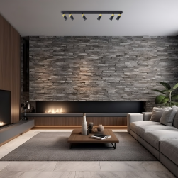 Nowoczesny salon z kominkiem, cegłą na ścianie i szyną Neo Black Gold Spot 6xGU10 na suficie