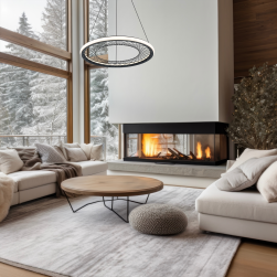 Salon z kominkiem lampa nad stolikiem