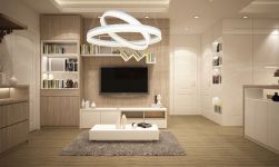 LAMPA WISZĄCA RING 60W LED w białym salonie z drewnianymi meblami