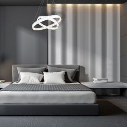 LAMPA WISZĄCA RING 60W LED w szarej sypialni z szarym łóżkiem