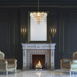 Pokój z kominkiem, dwoma ozdobnymi fotelami, dużym lustrem w ramie, świecznikami i eleganckim żyrandolem Sellena gold 6xE14 Milagro
