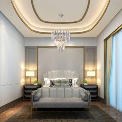 Elegancka sypialnia z dużym łóżkiem, kanapą, dwoma czarnymi szafkami i lampami stojącymi oraz żyrandolem Madison chrome 9xE14 glamour Milagro