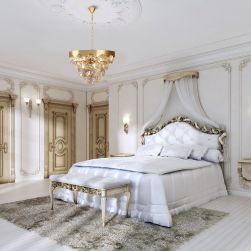 Elegancka sypialnia z dużym, podwójnym łózkiem, oknami z zasłonami i żyrandolem Grace gold 6xE14 glamour Milagro