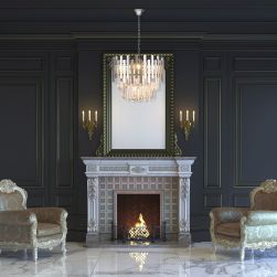 Elegancki salon z dwoma fotelami w stylu vintage, kominkiem, prostokątnym lustrem w złotej ramie, świecznikami oraz eleganckim żyrandolem Aspen chrome 6xE14 Milagro