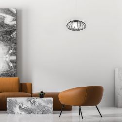 Lampa Wisząca KRONOS BLACK 1xE14 w szarym salonie z karmelowym kompletem wypoczynkowym
