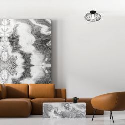 Lampa Sufitowa KRONOS BLACK 1xE14 w szarym salonie z karmelowym kompletem wypoczynkowym