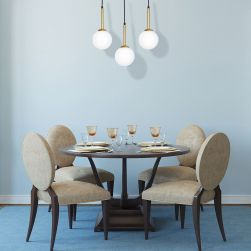 Lampa wisząca PARMA 1xE14 w niebieskiej jadalni z brązowym stołem i beżowymi krzesłami