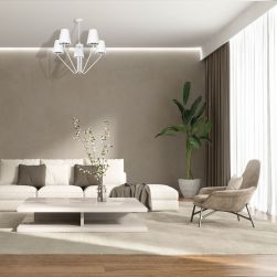 Beżowy salon z białą kanapą i brązowymi poduszkami, fotelem, białym prostokątnym stołem, rośliną doniczkową, jasnym dywanem oraz białym żyrandolem Victoria white 5xE27 Milagro
