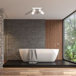 Lampa sufitowa VIDAR WHITE 2xGU10 w grafitowej łazience z drewnianymi dodatkami