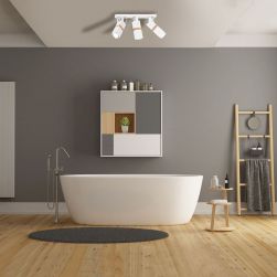 Lampa sufitowa VIDAR WHITE 3xGU10 w szarej łazience z drewnianymi dodatkami