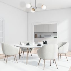 Jasna minimalistyczna jadalnia z białym, okrągłym stolikiem, czterema szarymi fotelami i białym żyrandolem Sfera wood 3xE14 Milagro