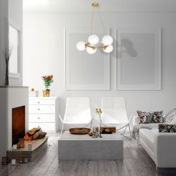 Lampa wisząca VIENNA 5xE14 w białym salonie ze złotymi dodatkami