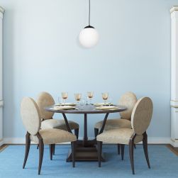 Lampa wisząca LIMA BLACK 1xE14 w niebieskiej jadalni z brązowym stołem i beżowymi krzesłami