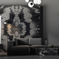 Lampa sufitowa LIMA BLACK 4xE14 w grafitowym salonie z grafitową kanapą i stolikiem
