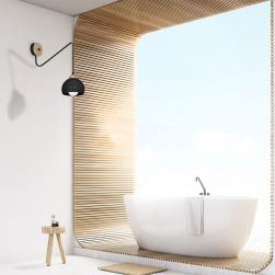 Kinkiet DAMA BLACK 1xE27 w białej łazience z drewnianymi dodatkami