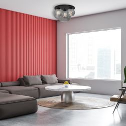 Lampa sufitowa SOFIA SMOKED 3xE27 w czerwonym salonie z szarą kanapą
