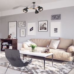 Przytulny salon z beżową kanapą, szarym fotelem, białym prostokątnym stolikiem, brązową szafką, obrazkami na ścianie i czarnym żyrandolem Oval black 3xE27 Milagro
