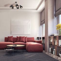 Przestronny salon z dużym czerwonym narożnikiem, okrągłym stoliczkiem, półkami i czarnym nowoczesnym żyrandolem Oval black 5xE27