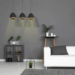 Lampa wisząca STUDIO BLACK 3xE27 w grafitowym salonie z białą kanapą