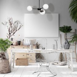 Pokój z białym, drewnianym stołem, drucianym fotelem, beżową szafką, kwiatami i minimalistycznym żyrandolem Sfera 3xE14 Milagro
