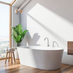 Kinkiet BARON WHITE 1xGU10 w białej łazience z drewnianymi dodatkami