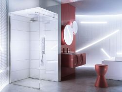 biała łazienka, czerwone elementy dekoracyjne, czerwona umywalka, dwa lustra, chromowane baterie. Abelia kabina prysznicowa walk-in 100 cm KTA_030P