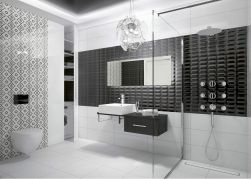 biało-czarna łazienka, czarna szafka pod umywalką, duże lustro, biała armatura, chromowane baterie, Abelia kabina prysznicowa walk-in 90 cm KTA_039P