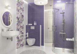 Łazienka z fioletowymi akcentami, z półokrągłą kabiną prysznicową z zestawem prysznicowym ściennym z deszczownicą w chromie Deante Corio, z wiszącą umywalką, okrągłym lustrem i miską WC