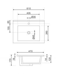 rysunek techniczny Orlando umywalka meblowa prostokątna 61x47 cm biały połysk ORLANDO600BP