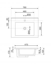 rysunek techniczny Orlando umywalka meblowa prostokątna 76x47 cm biały połysk ORLANDO760BP