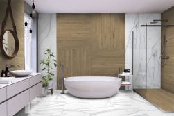 łazienka w nowoczesnym stylu, wanna wolnostojąca, na ścianie i na podłodze płytki z kolekcji brasil