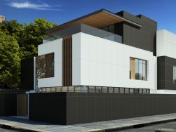 Elewacja nowoczesnego domu wyłożona czarnymi i białymi płytkami bazowymi Plain White