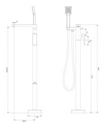 rysunek techniczny Parma bateria wannowo-prysznicowa wolnostojąca grafit PM7433GR