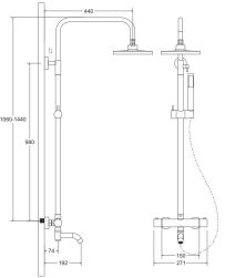 rysunek techniczny Veo zastaw wannowy ścienny termostatyczny chrom BP-VNTI-CH