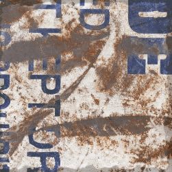 Mumble T.Oxik 19,5x19,5 płytki patchworkowe niebieskie napisy na białym tle z brązowymi plamami