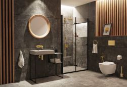 Ciemna łazienka z białą umywalką nablatową Deante Correo na konsoli, z okrągłym lustrem, kabiną prysznicową we wnęce oraz wiszącą miską WC